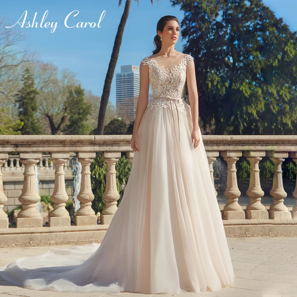 

Ashley Carol Elegant V-neckline Illusion Back Wedding Dress 2019 Tulle Appliques Bride Dresses Sashes Court Train Wedding Gowns