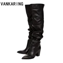 Новинка; брендовые дизайнерские пикантные Сапоги выше колена на высоком каблуке; сезон осень-зима; женские теплые кожаные ковбойские сапоги с острым носком для снежной погоды