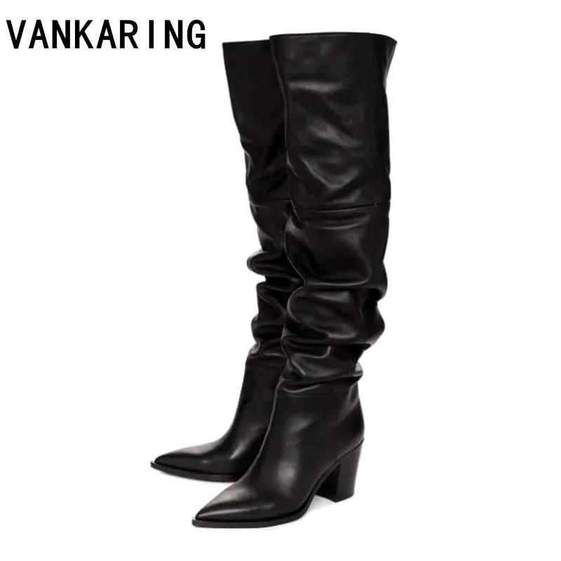 

new brand designer sexy high heels autumn winter over the knee high boots woman pointed toe warm snow leather cowboy women shoes