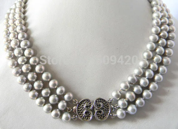 

Free Shipping >>AA 3Strands 17-19'' 9MM Gray Round Freshwater Pearl Silver Necklace