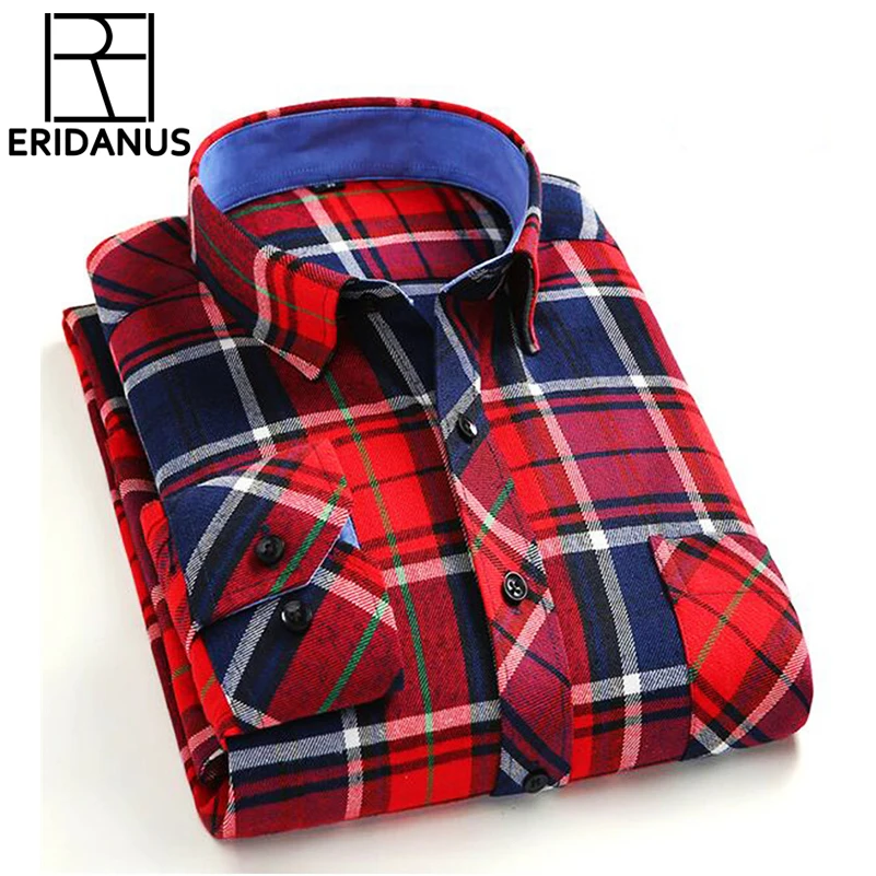 Men Shirt Sanding Plaid Wrinkle Resistant Slim Dress Long