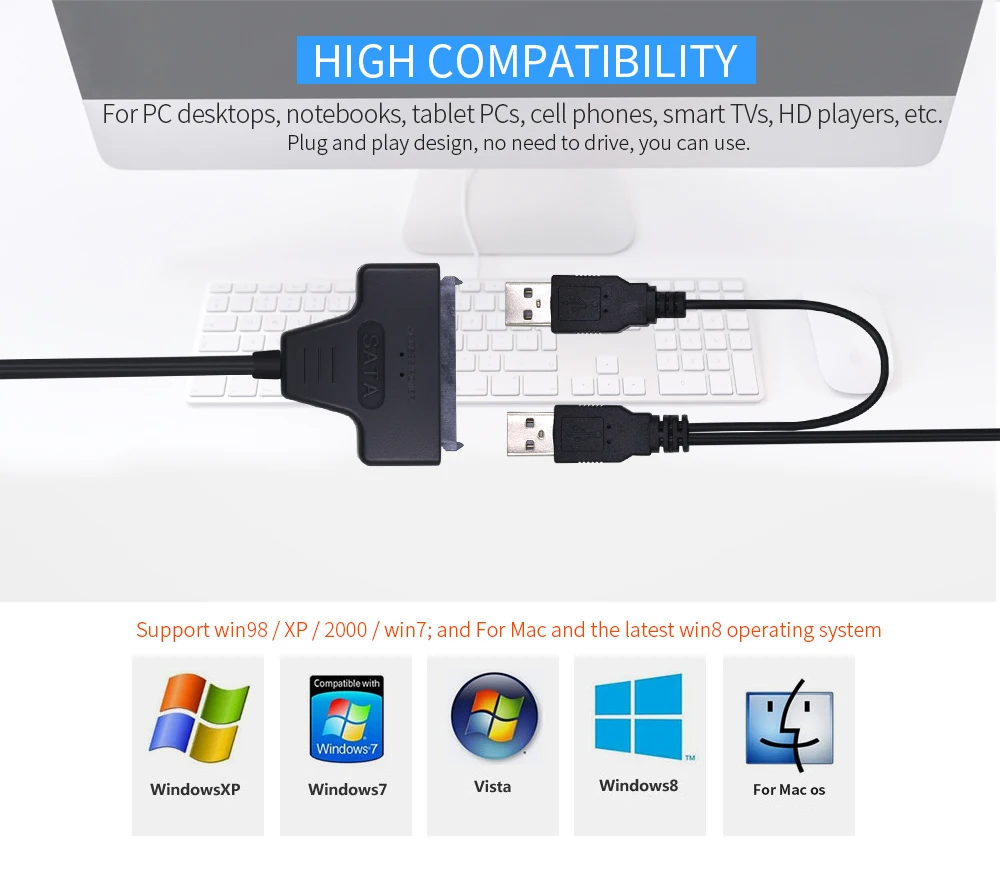 TISHRIC SATA для USB 2,0 до 7 15 22pin кабель адаптер Внешний USB питание для 2,5 ''SATA SSD HDD жесткий диск конвертер