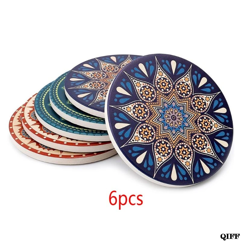 

6pcs/set Flower Drink Coasters Table Mats Moisture Absorbing Ceramic Cork Base Stone Tea Holder For Cup Mug Office Home Jun15