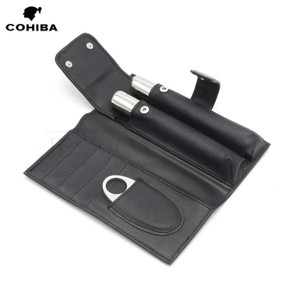  COHIBA Portable Cigar Leather Case Outdoor Travel Humidor Box With 2 Stainless Steel Cigar Tube Jar