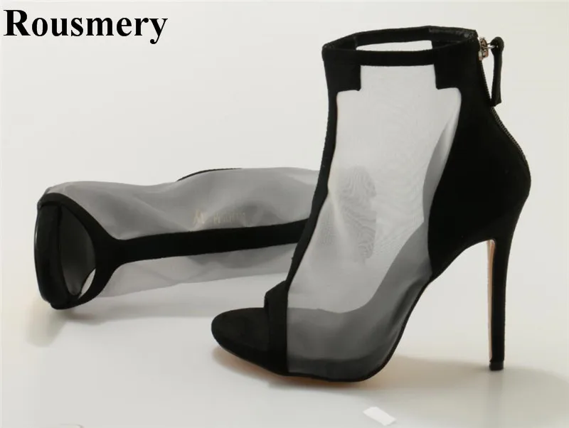 Women Sexy New Fashion Open Toe Mesh Design High Heel Boots Cut-out Back Zipper-up Ankle Sandals Boots Summer Sandal Dress Shoes open back plunge cut out romper