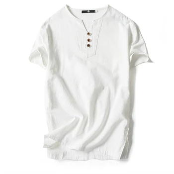 

Nice New Brand Linen T Shirt Men Short Sleeve Solid Color Cotton Linen High Quality T-shirts V Neck Buttons Top Tees Breathable