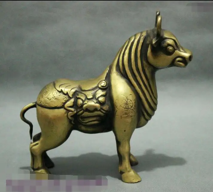 

song voge gem S6708 7" Folk Chinese FengShui Bronze Carved Lion Head Bull Ox Beast Statue Sculpture