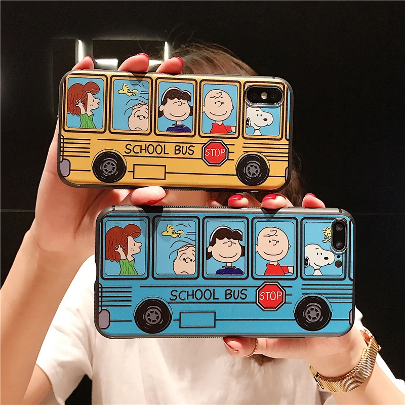 

Cute Snoopy Bus For iPhone X XS xr XS MAX Cartoon Anti-fall mobile phone shell For iphone 8/8p/7/6s phone bags Capa Coque