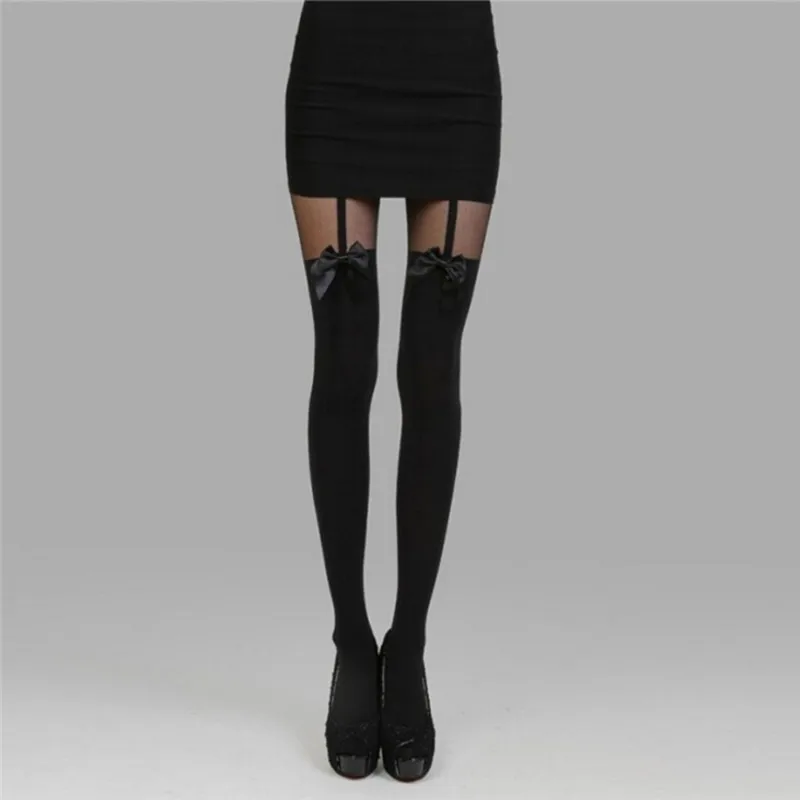 Women Sexy Black Stockings Thin Tights Bow Pantyhose Tattoo Mock Bow