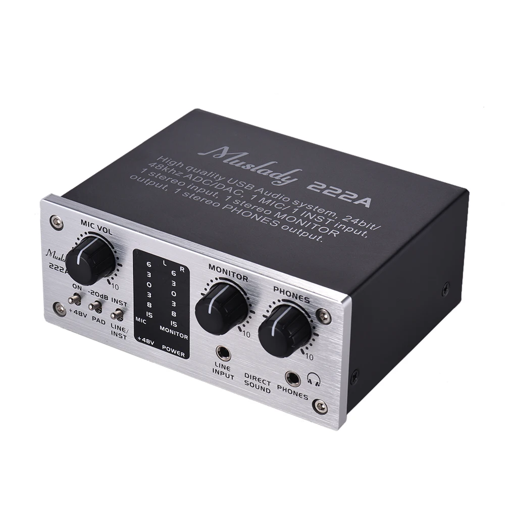Muslady 222A 2-х канальный USB аудио Системы Интерфейс внешняя звуковая карта+ 48V phantom Мощность DC 5V Питание