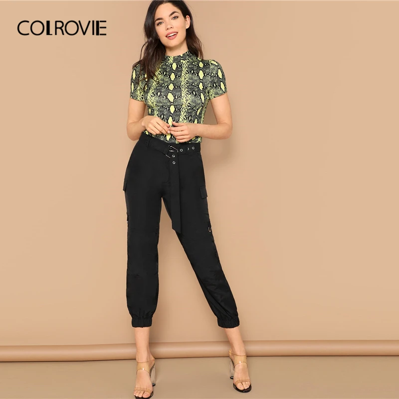 COLROVIE Stand Collar Neon Yellow Snake Skin Print Fitted T-Shirt Women 2019 Spring Short Sleeve Casual Tops Office Female Tees COLROVIE Stand Collar Neon Yellow Snake Skin Print Fitted T-Shirt Women 2019 Spring Short Sleeve Casual Tops Office Female Tees