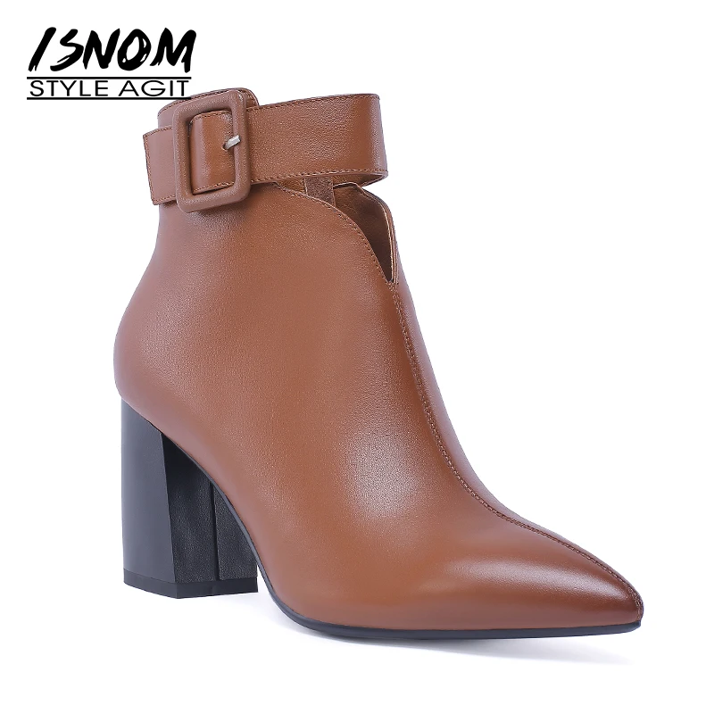ISNOM 2019 Ankle Strap Women Boots High Heels Boot Pointed Toe Ladies Party Shoes Spring Genuine Leather Rubber Footwear | Обувь
