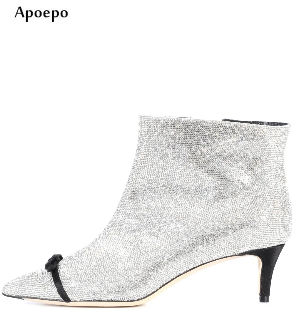 

New Hot Selling Bling Bling Crystal Embellished High Heel Boots 2018 Pointed Toe Butterfly-knot Decorations Woman Ankle Boots