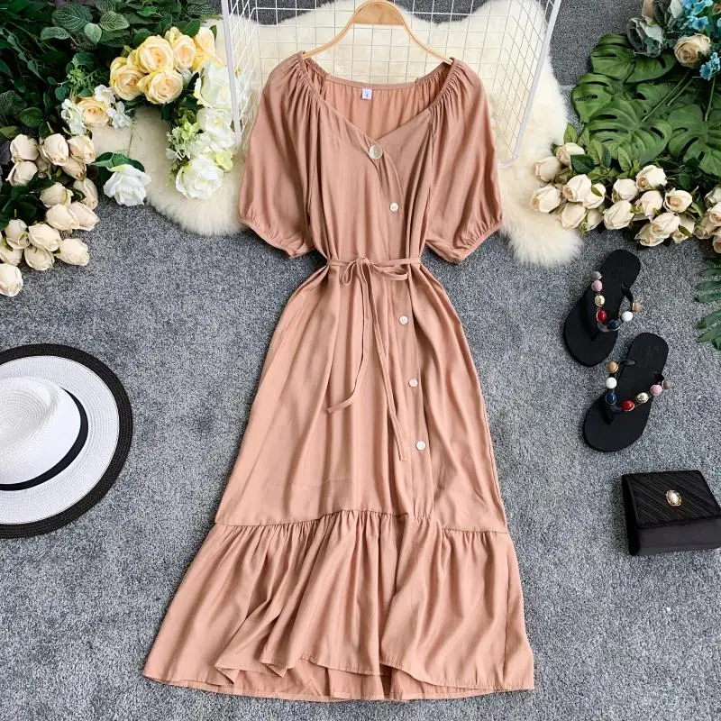

Women Retro Solid Color Dress Irregular Single Row Buckle Short Sleeve High Waist Summer Casual Vestidos F480