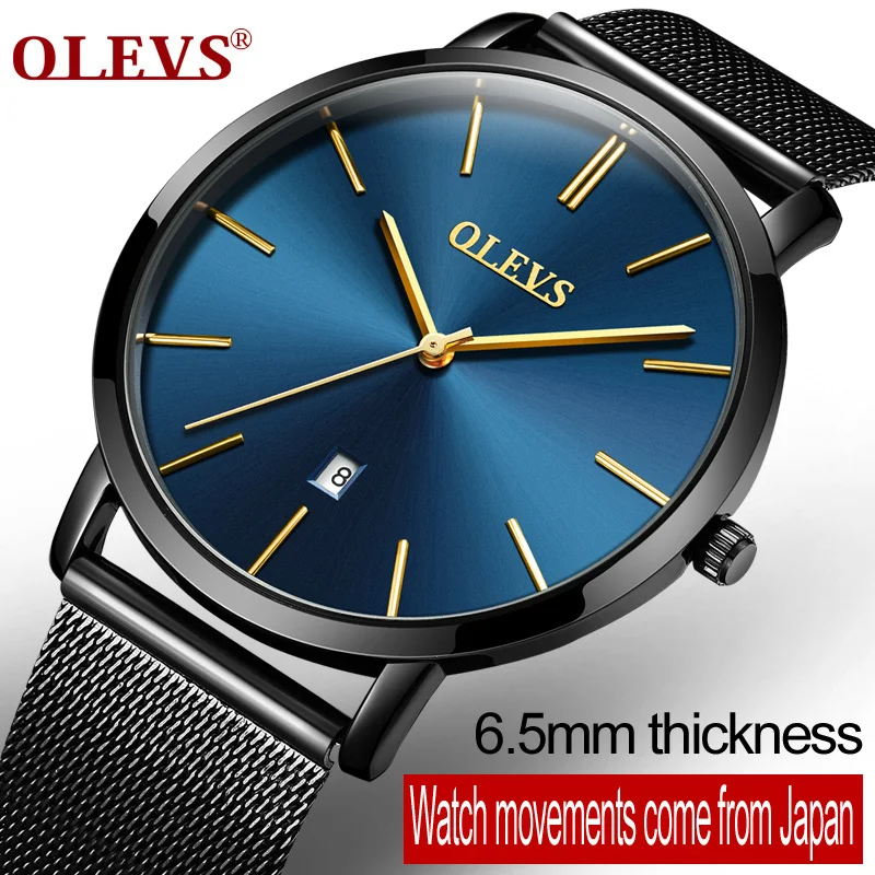 OLEVS Luxury Ultra Thin Quartz Watches For Men Male Stainless Steel Mesh Strap Calendar Waterproof Business
