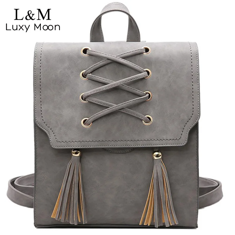 2017 New Fashion Backpack Tassel Women Solid Backpacks PU Leather School Bags For Teenager girls Vintage