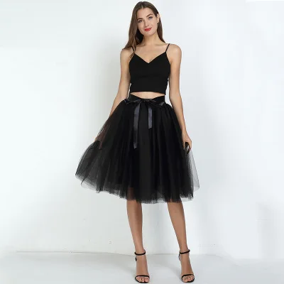 Женская новая модная фатиновая сетчатая юбка размера плюс вечерние милые плиссированные элегантные юбки для подружки невесты - Color: Black