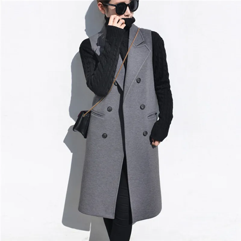 QAZXSW New Women Formal Jacket Brand Waistcoat Sleeveless Long Wool Coat OL Jacket XS~XXL Slim Sleeveless Jacket Suit Vest ZJ886