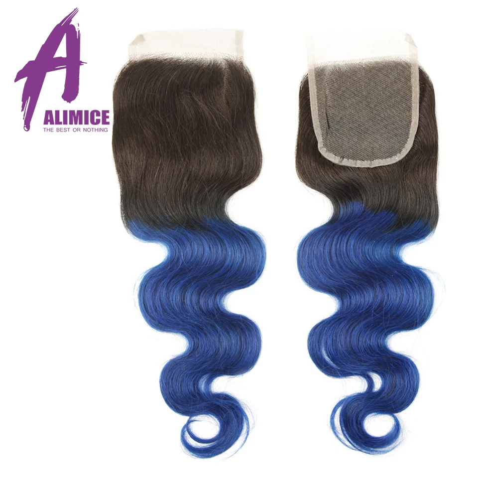Alimice Ombre Bundles With Closure T1BBlue Colored Two Tone Human Hair Brazilian Body Wave Hair 3 Bundles With Closure 4PcsLot (2)
