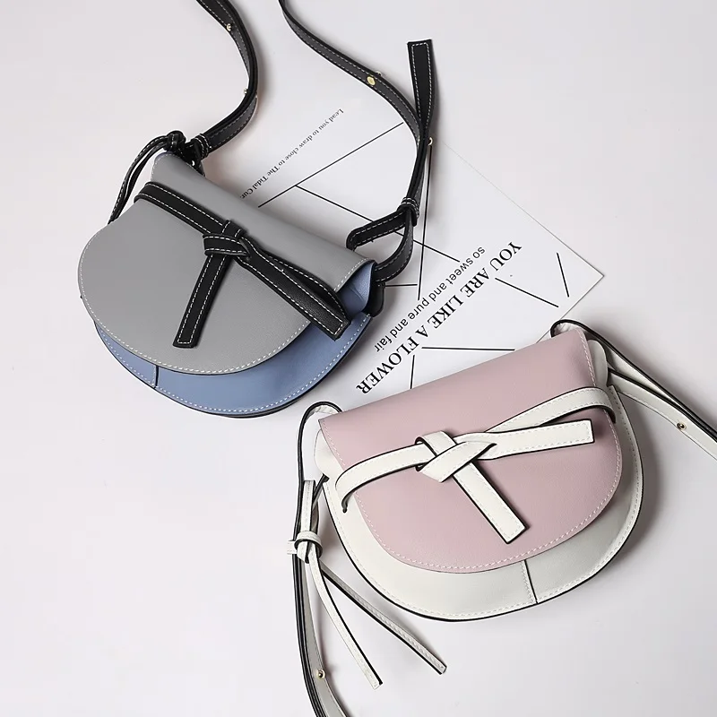 

Genuine Leather Saddle shoulder bag Patchwork handbag Panelled Female Messenger&Crossbody Bag Lo IT BAG bowknot semicircle bolso