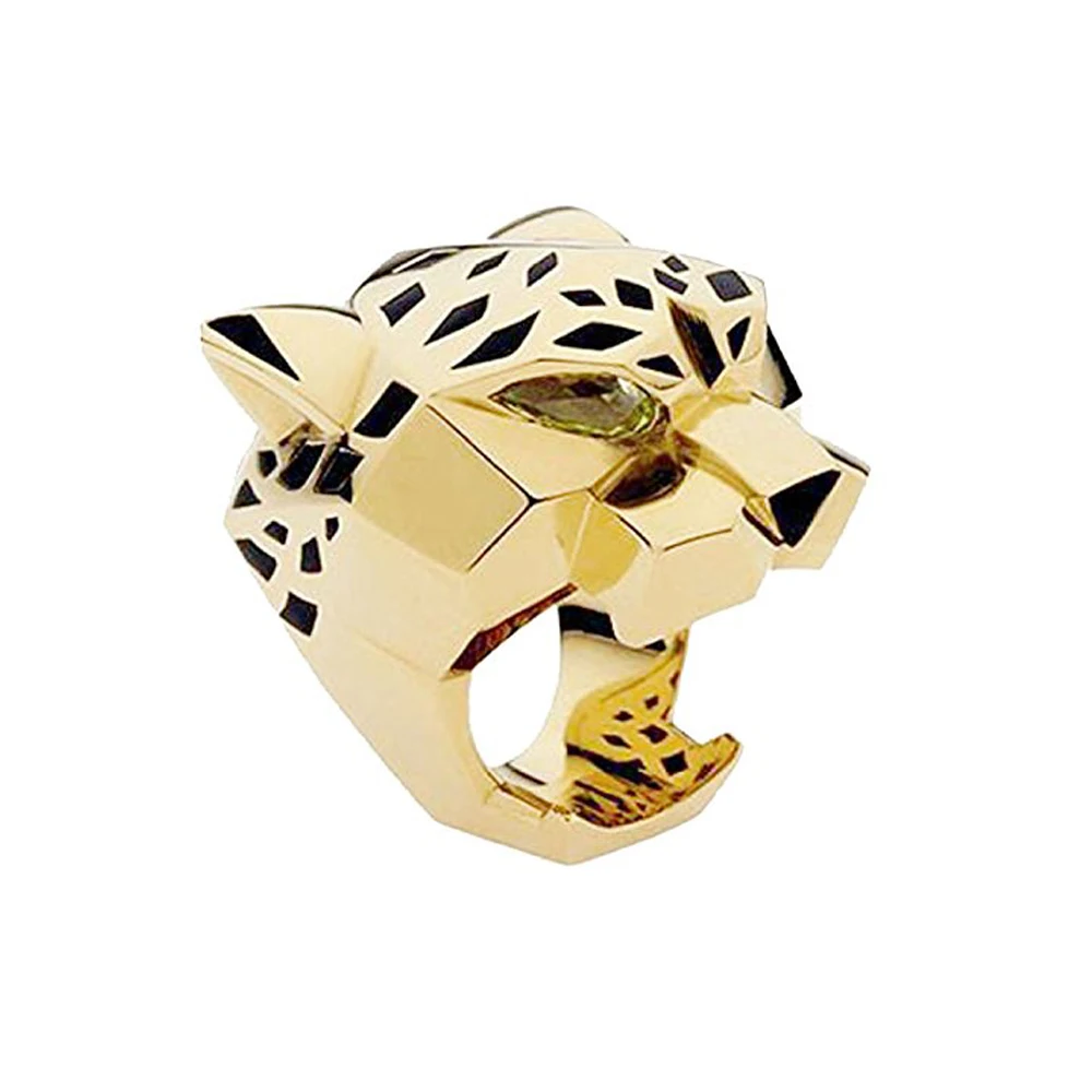 Fashion Quality Gold Plating Leopard Man Woman Cocktail Statement Ring Green Zircon Eyes