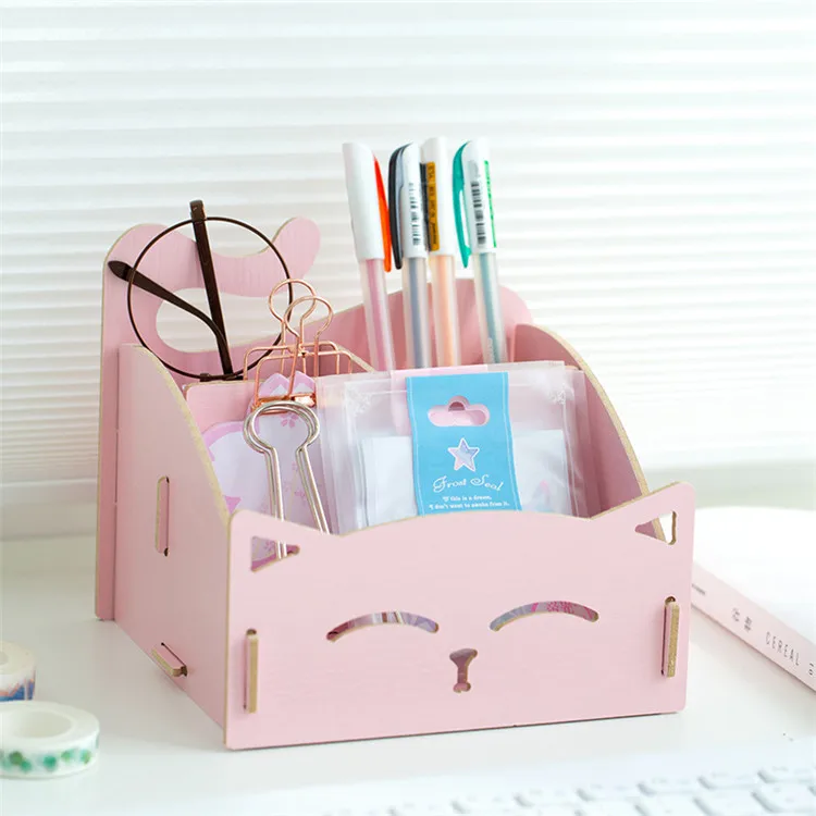 Креативный большой держатель для ручек с кошкой, офисные аксессуары, настольный чехол для карандашей, органайзер, три места, мультяшная деревянная подставка для карандашей - Цвет: Pink