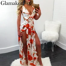 Glamaker спинки Сплит Длинные пляжное платье Для женщин с цветочным принтом пикантные летнее платье Макси Весна богемное платье Вечеринка vestidos