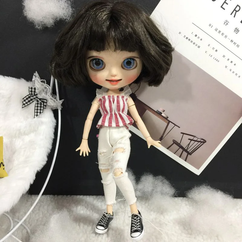 

2pcs/set Blyth Doll Clothes Stripe Short Shirt+Ripped Jeans for Blyth Pants Azone,Pullip, ob24,Barbies Clothes Doll Accessories