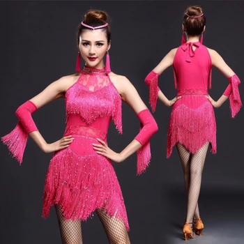 

Sexy Latin Dancing Dresses For Ladies Rose Red Black Fitness Tassel Skirts For Woman Ballroom Waltz Showing Dress Garments 10366
