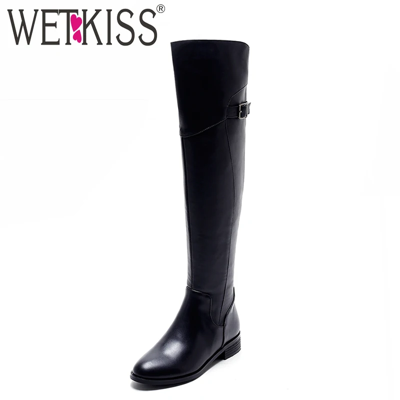 

WETKISS 2018 New Style Over The Knee Boots Buckle Strap Winter Boots Natural Leather Square Heel Female Shoes Woman Side Zipper