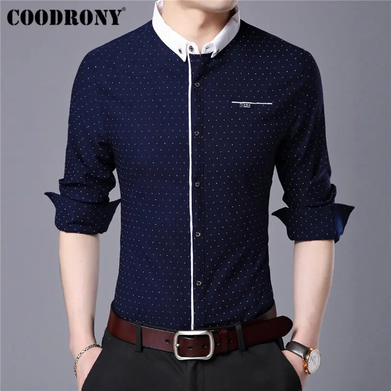 COODRONY, брендовая мужская рубашка, осень, Новое поступление, длинный рукав, хлопок, рубашка для мужчин, уличная мода, в горошек, маленький воротник, повседневные рубашки 96020