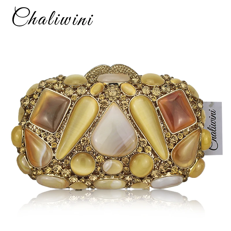 Luxury Evening clutch Bags Gold Precious Stone Crystal Encrusted