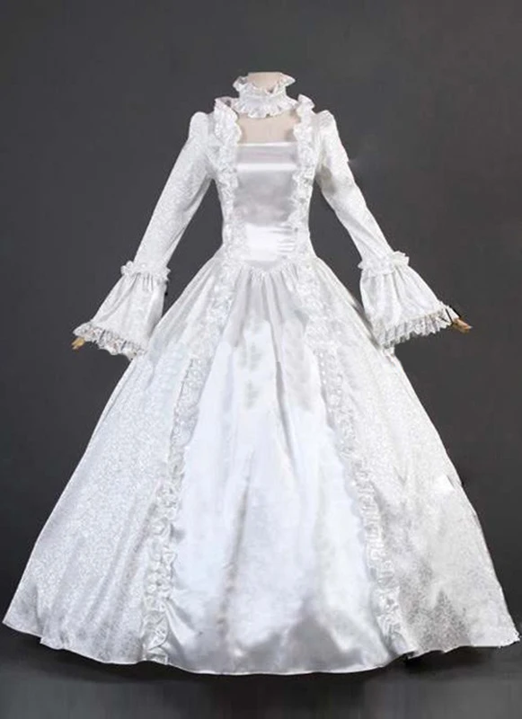 Classic White Gothic Victorian Party Dress Costume 18th Century Women Square Collar Lace Ruffles