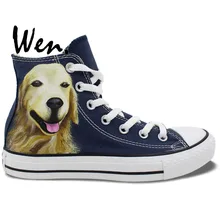Wen Blue Hand Painted Shoes Design Custom Large Golden Retriever Pet Dog High Top Men Women’s Canvas Sneakers