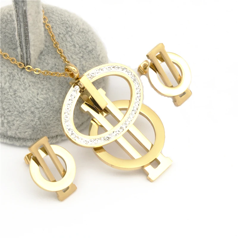 

Hot Sale Gold Color Jewelry Set 316L Stainless Steel CZ Crystal Earring Necklace Women Set