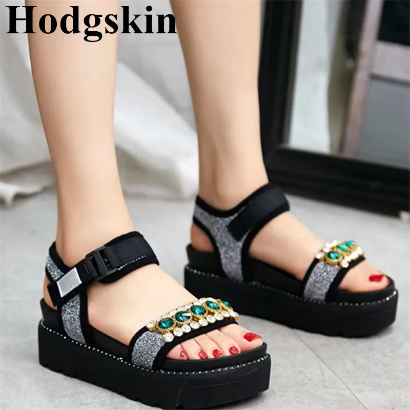 

Luxury Mixed Color Rhinestone Flat Platform Summer Sport Sandals Open Toe Glitter Crystal Slip On Breathable Walking Women Shoes