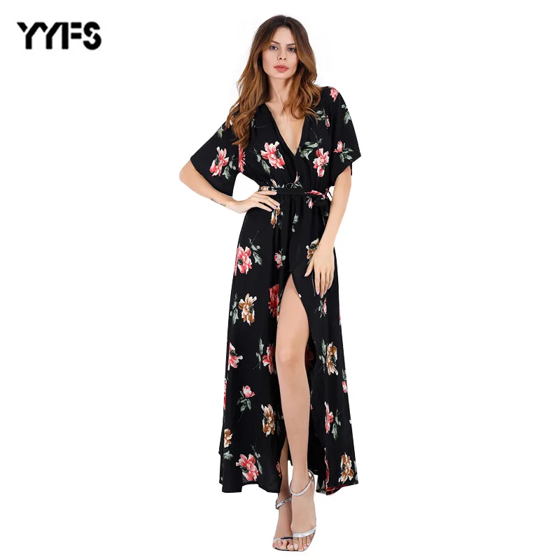 

2019 Summer Womens Flower Floral Print Chiffon Boho Dress Short Sleeve Sexy V Neck Beach Dress Party Dress Maxi Dress Vestidos