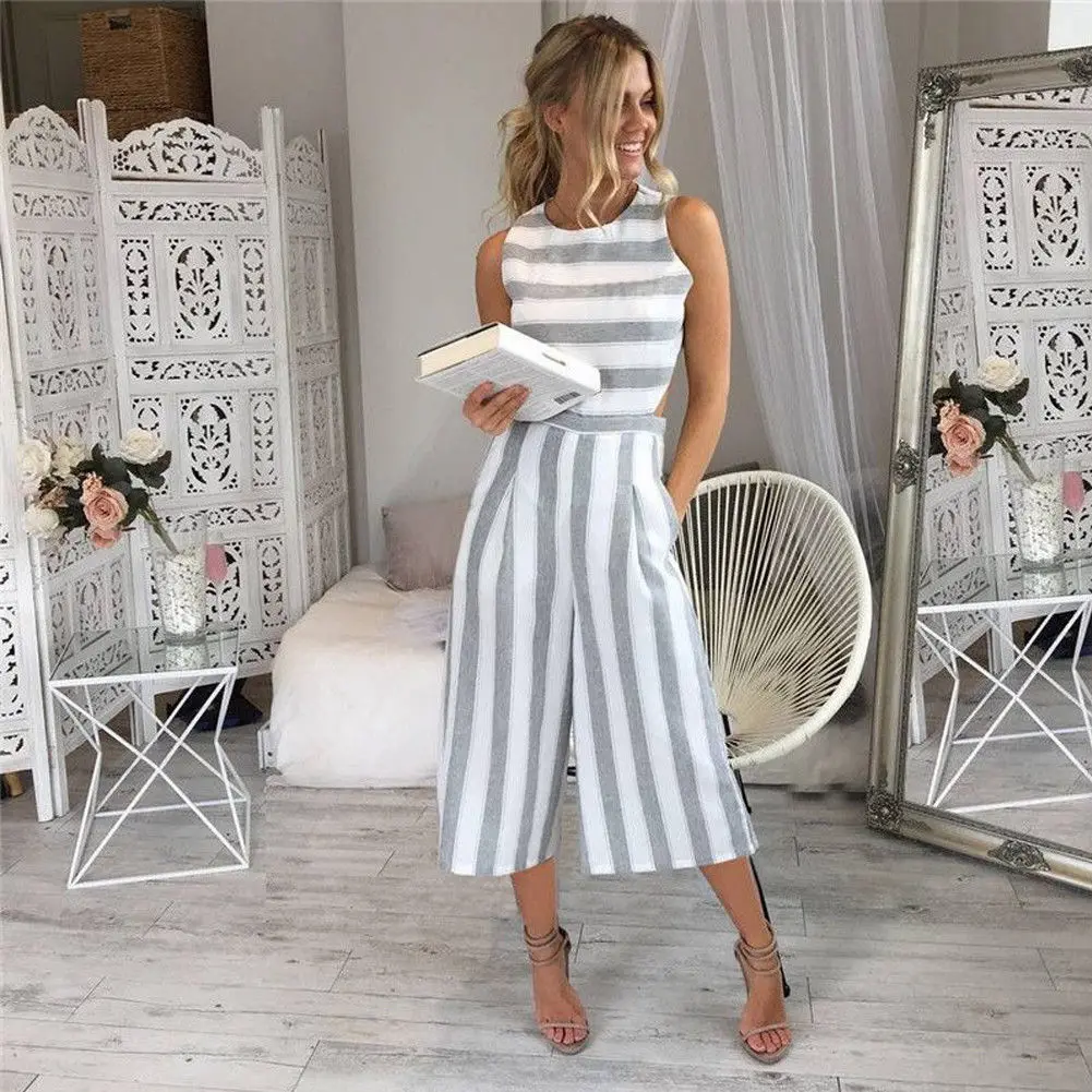 Summer Women's Strap Vertical Striped Jumpsuit Sleeveless Backless Long Jumpsuit Woman Ladies Playsuit Bodysuit