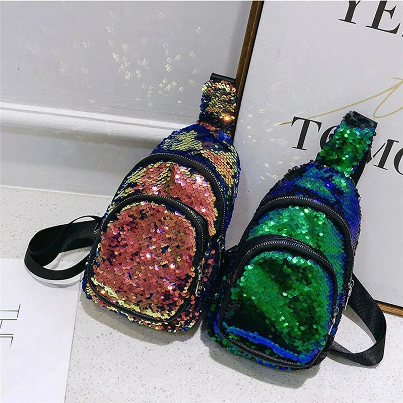 

Women Travel Bag Crossbody shoulder chest bag Sling Cross body Shoulder Sequin Phone Pouch chest pack