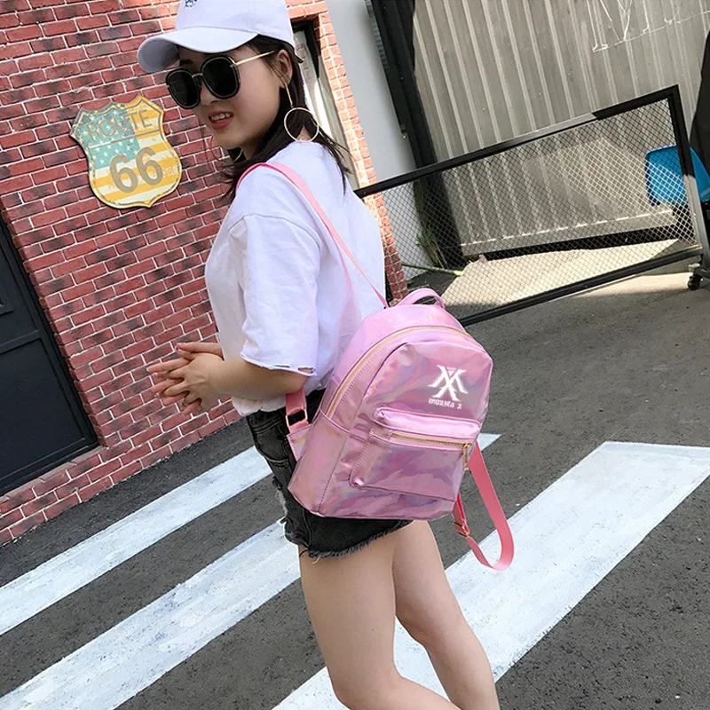 

MONSTA X Same paragraph Laser backpack Korean version of pu book bag Male and female student bag College wind 2018 new