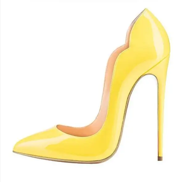 Женские туфли-лодочки из лакированной кожи; туфли на шпильках с острым закрытым носком; вечерние туфли без застежки для офиса; женские туфли на высоком каблуке; Лидер продаж - Цвет: yellow