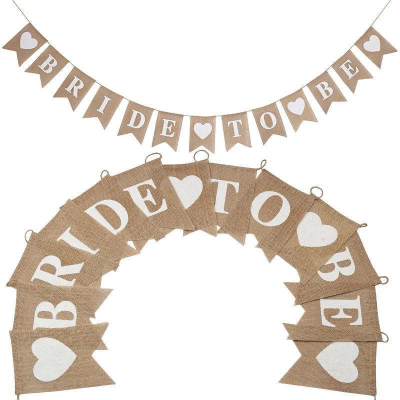 

Jute Burlap Bride To Be Heart Bunting Banner Vintage Hessian Flag for Wedding Party Decoration
