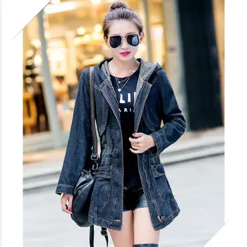 

Free Shipping 2017 Autumn Washed denim coat Women Korean big yards ladies windbreaker New Hoody Trench Jean coat 030904