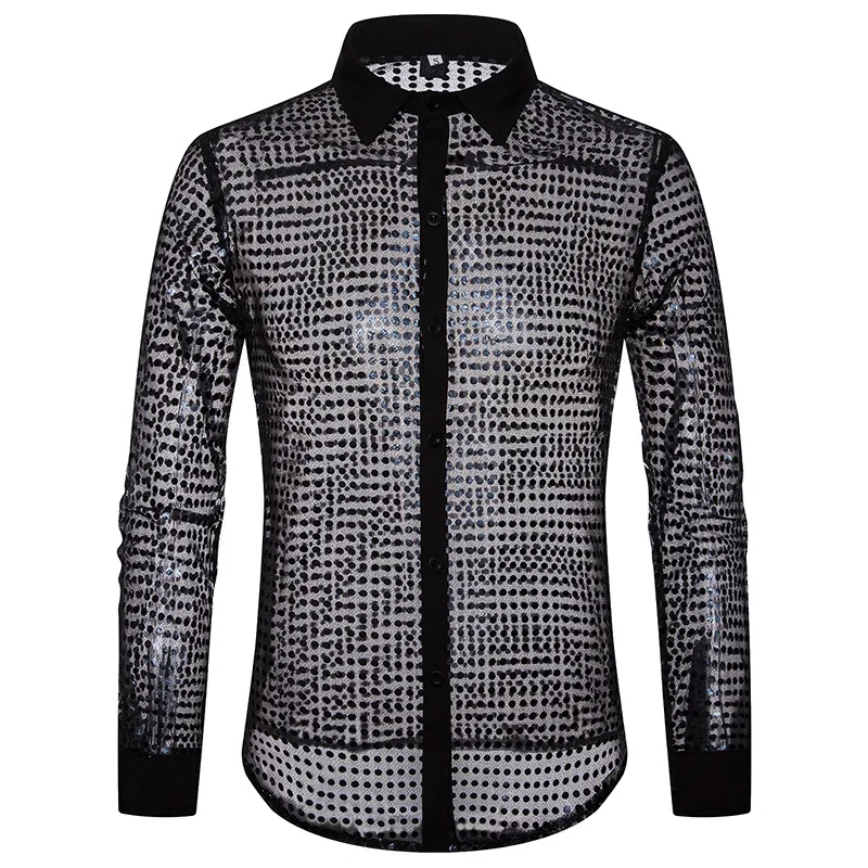 Ceny Moda europejska męskie koszule w szkocką kratę jesienią i zimą brokat duży punkt ciała skala nocny sklep projekt męska koszula z długim rękawem