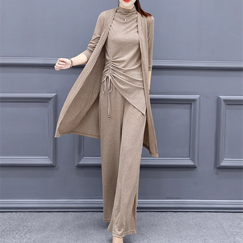 

3 Pieces Set 2018 New Arrival Spring Fashion Vest Tops And Long Cardigan Coat and Wide-Legged Pants Office Suits