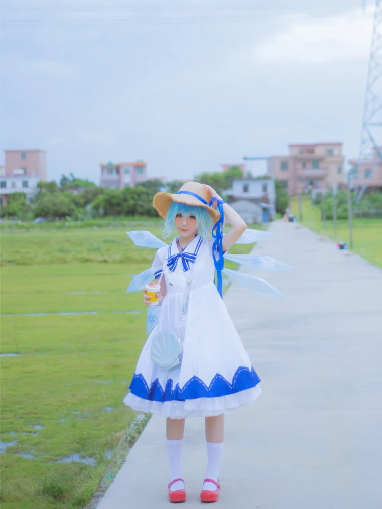 Аниме! Костюм косплея Touhou Project Cirno воплощение алого дьявола платье униформа| |