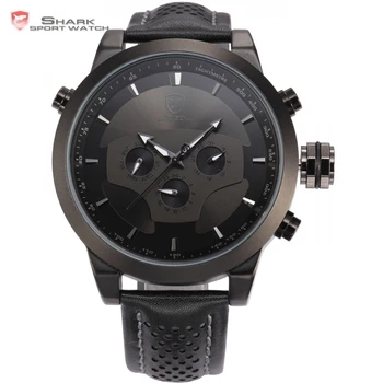

Luxury SHARK Sports Watches Skull Dial 6 Hands Day Date 24 Hours Black Leather Strap Clock Men Tag Military Quartz-watch / SH210