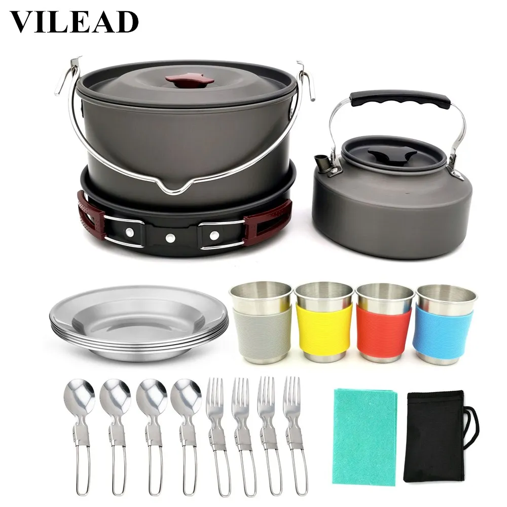  VILEAD 19pcs 4 Persons Camping Cookware Set Hanging pot Pan Cup Teaport Outdoor Cooking Portable Fo