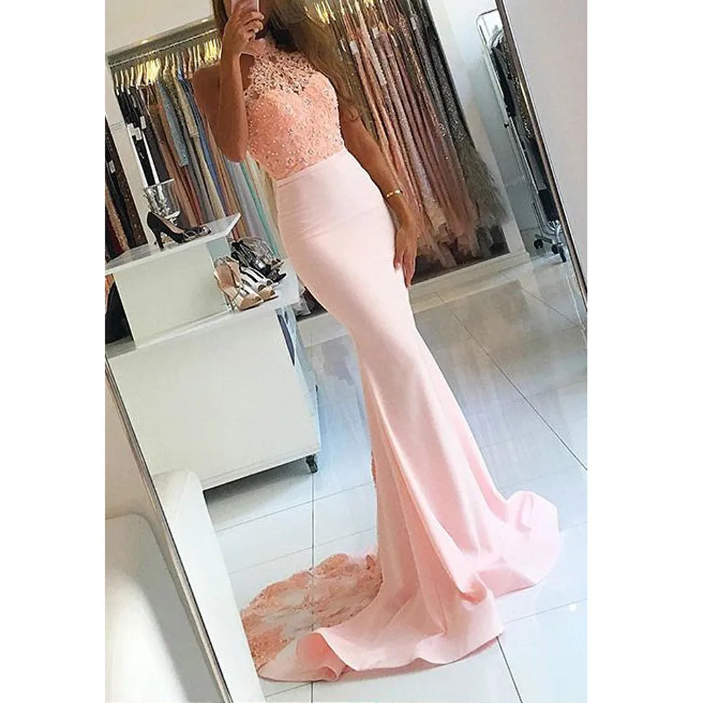 30 New Style Mermaid Halter Sweep Train Pink Long Prom Dress with Lace psw (2)