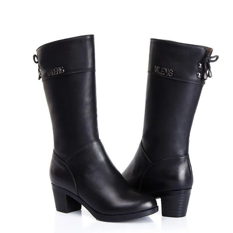 Top Cowhide Plush / Wool Women Shoes Warm Boots Genuine Leather Boots Plus Size In-tube Snow Winter Shoes Women